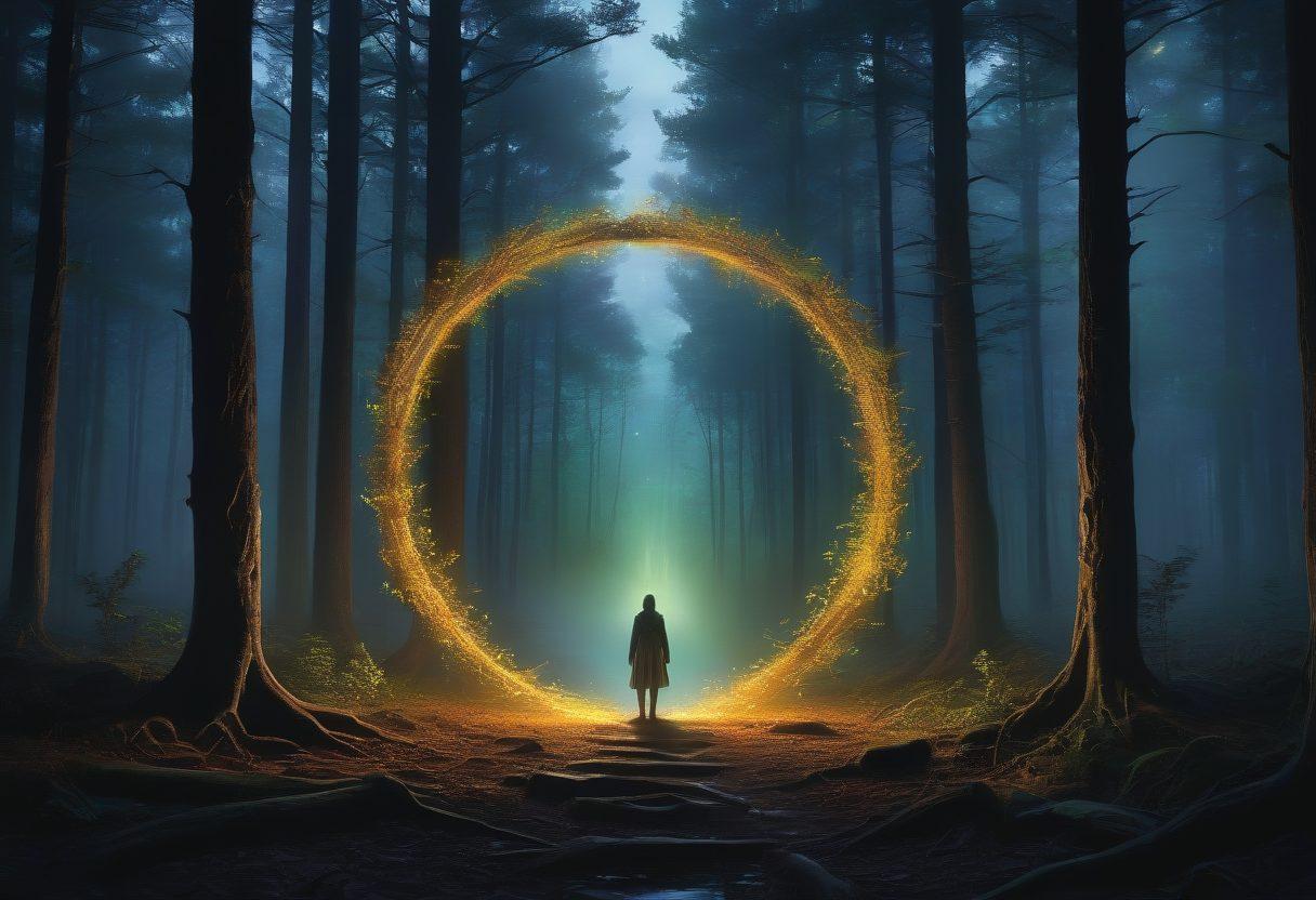 A dramatic composition featuring a shadowy figure standing at the edge of a dark forest, peering into a glowing, mystical portal that hints at forbidden pleasures. Ethereal wisps of color swirl around the portal, suggesting allure and temptation. The contrast of light and shadow symbolizes the boundary between virtue and vice. Enigmatic elements like ancient symbols and whispers of text float in the air, inviting curiosity. super-realistic. vibrant colors. mystical atmosphere.