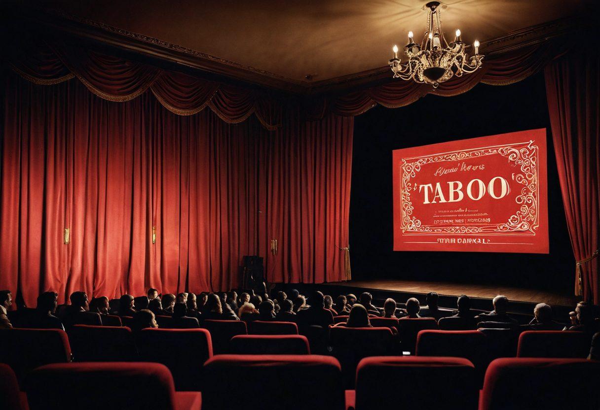 A captivating and provocative scene showcasing a vintage cinema with a red velvet curtain, flickering film reels in the background, and silhouettes of curious audience members. The atmosphere should evoke a sense of intrigue and allure with a dimly lit setting, subtle hints of erotic art adorning the walls. Include classic film posters referencing taboo themes on display. cinematic style. warm tones. vintage vibe.